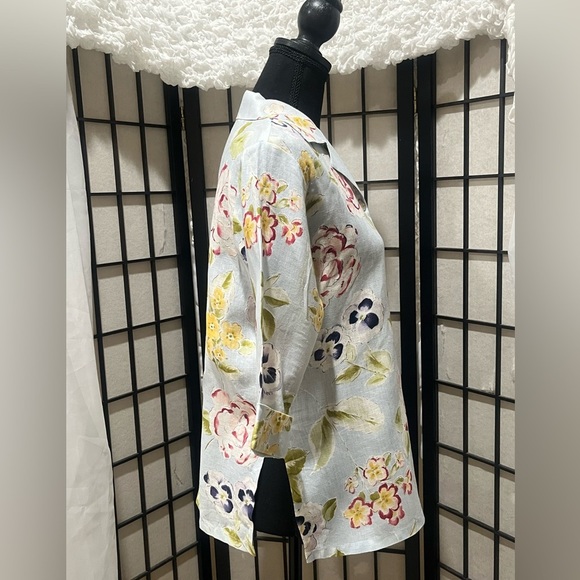 DAVID DART LINEN Floral Button-Up Shirt with Three-Quarter Sleeves, SIZE PS - Picture 7 of 9